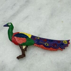 Large Peacock Takahashi Style HandPainted plastic Bird Pin Brooch 4.5"